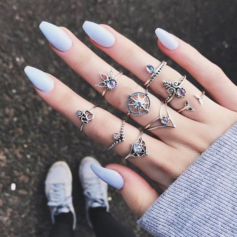 RkC Collection Bohemian 9pcs/Pack Vintage Crystal Rings Lucky Stackable Midi Rings Knuckle Ring Set of Rings for Women Jewelry Party