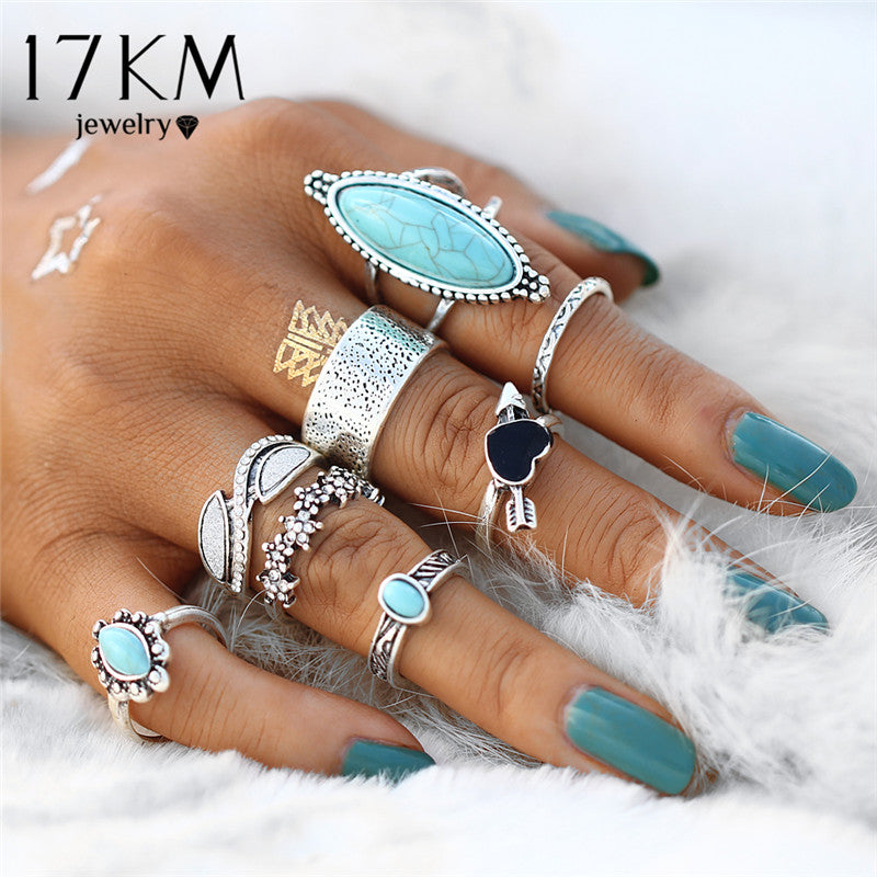 RkC Collection Vintage Big Stone Midi Ring Set For Women Antique Silver Color Heart Flower Knuckle Rings Boho Jewelry Anillos 8 PCS/Set